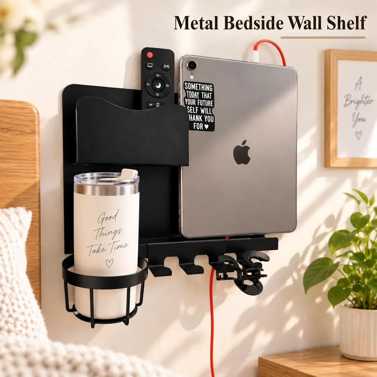 Floating Metal Bedside Wall Shelf with Detachable Cup Holder (2-Pack)